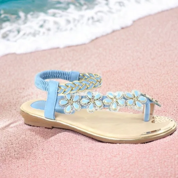 New Color! Italina Blue Floral Rhinestone Embellished Toe Ring Sandal