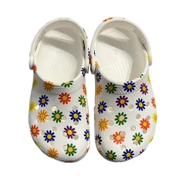 NEW Crocs C12 White Daisy Rainbow Clogs Sandals