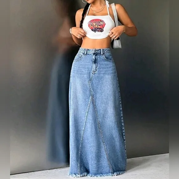 New Distressed Hem Patchwork Maxi Denim Skirt Medium Light Wash Blue