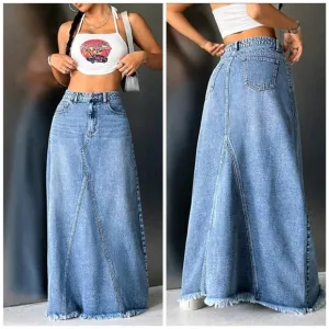 New Distressed Hem Patchwork Maxi Denim Skirt Medium Light Wash Blue