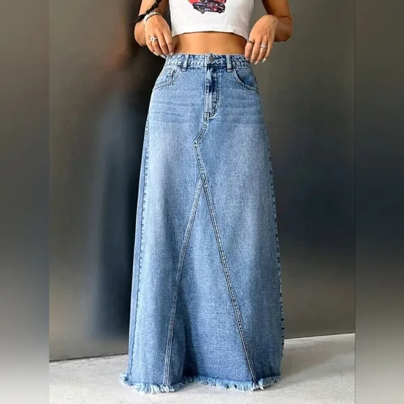 New Distressed Hem Patchwork Maxi Denim Skirt Medium Light Wash Blue
