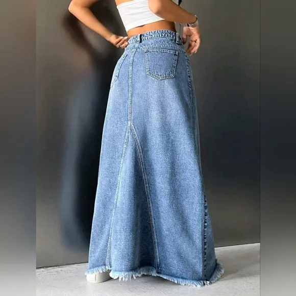 New Distressed Hem Patchwork Maxi Denim Skirt Medium Light Wash Blue