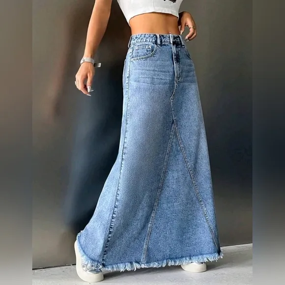New Distressed Hem Patchwork Maxi Denim Skirt Medium Light Wash Blue