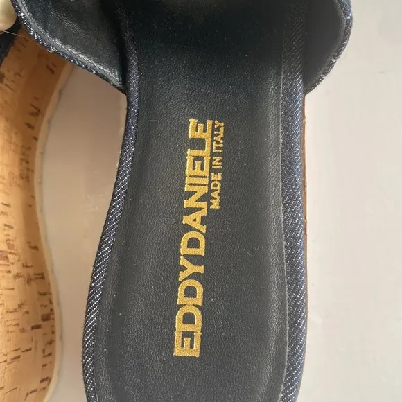 NEW Eddy Daniele Platform Sandals, Denim w Embellished Pearls, Size 10