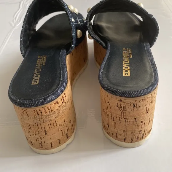 NEW Eddy Daniele Platform Sandals, Denim w Embellished Pearls, Size 10