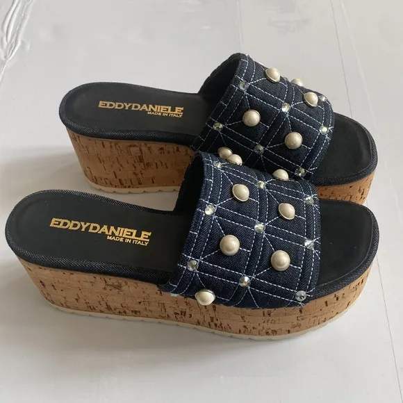 NEW Eddy Daniele Platform Sandals, Denim w Embellished Pearls, Size 10