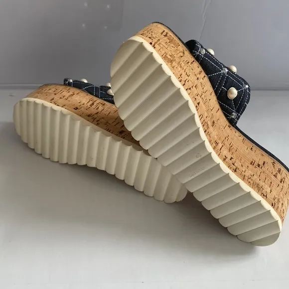 NEW Eddy Daniele Platform Sandals, Denim w Embellished Pearls, Size 10