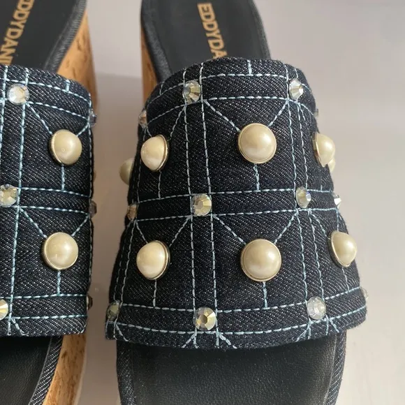 NEW Eddy Daniele Platform Sandals, Denim w Embellished Pearls, Size 10