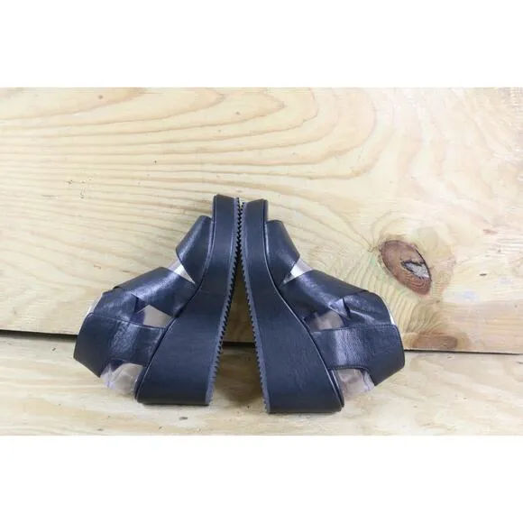 New Eileen Fisher Sandals 8.5 Black Leather Whimsy Wedge Slip on Shoes