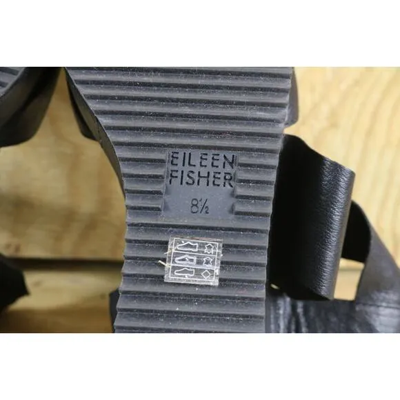 New Eileen Fisher Sandals 8.5 Black Leather Whimsy Wedge Slip on Shoes