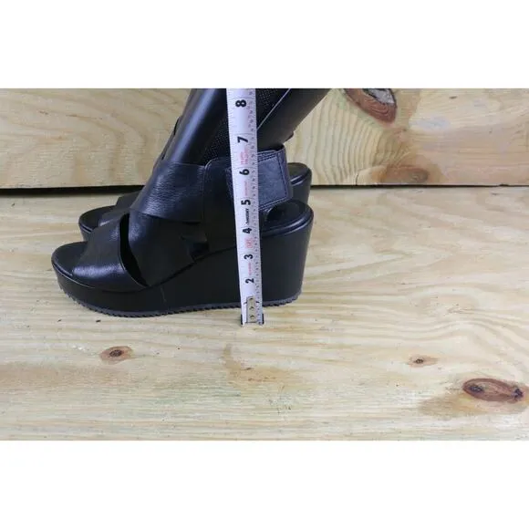 New Eileen Fisher Sandals 8.5 Black Leather Whimsy Wedge Slip on Shoes