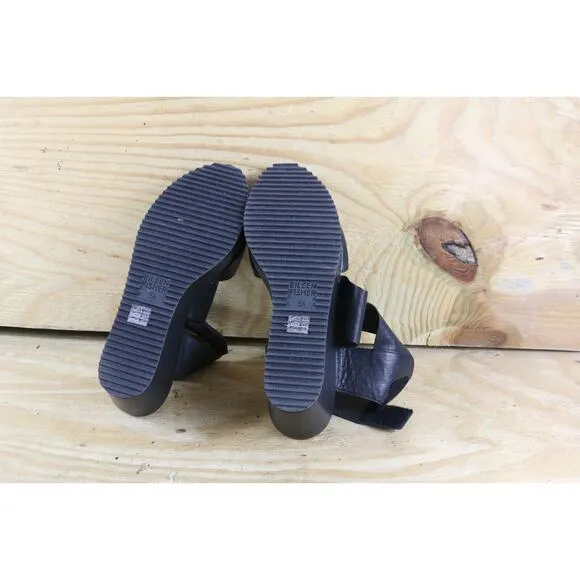 New Eileen Fisher Sandals 8.5 Black Leather Whimsy Wedge Slip on Shoes