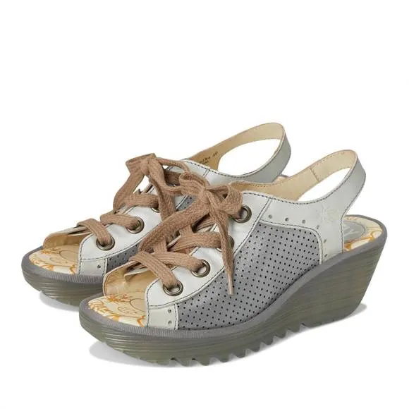 NEW FLY LONDON women's yuta617fly wedge sandal in silver/plomo