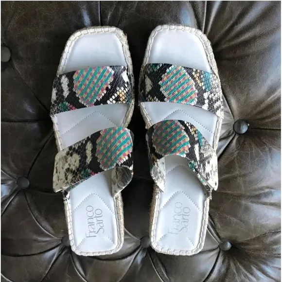 New Franco Sarto Cara Espadrille Wedge yellow clover Sandals Snake print