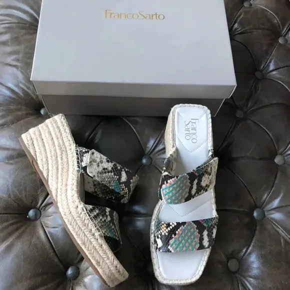 New Franco Sarto Cara Espadrille Wedge yellow clover Sandals Snake print