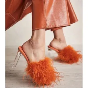 NEW FREE PEOPLE X JEFFREY CAMPBELL Sz 8 DAISY FEATHER BOA HEELS ORANGE