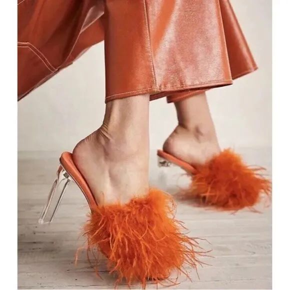 NEW FREE PEOPLE X JEFFREY CAMPBELL Sz 8 DAISY FEATHER BOA HEELS ORANGE