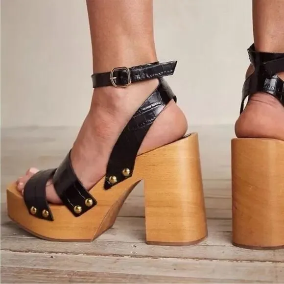 NEW Free People Mallory Black Strappy Wooden Clogs Sandals Heels EU 38 US 8