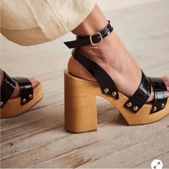 NEW Free People Mallory Black Strappy Wooden Clogs Sandals Heels EU 38 US 8