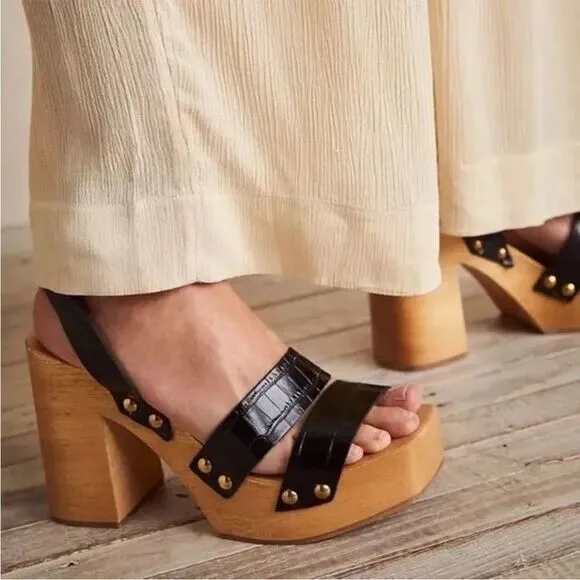 NEW Free People Mallory Black Strappy Wooden Clogs Sandals Heels EU 38 US 8