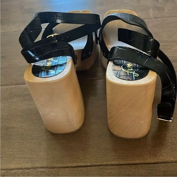 NEW Free People Mallory Black Strappy Wooden Clogs Sandals Heels EU 38 US 8