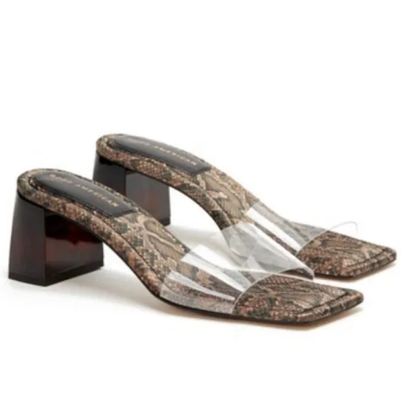 NEW GOOD AMERICAN Block Heel Slide Sandals Desert Snake Clear Upper Size 10