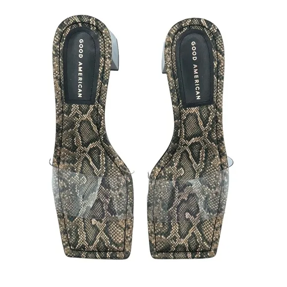 NEW GOOD AMERICAN Block Heel Slide Sandals Desert Snake Clear Upper Size 10