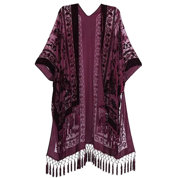 NEW Gorgeous Burn Out Velvet Tassel Trim Kimono Jacket Burgundy Red Wine Purple
