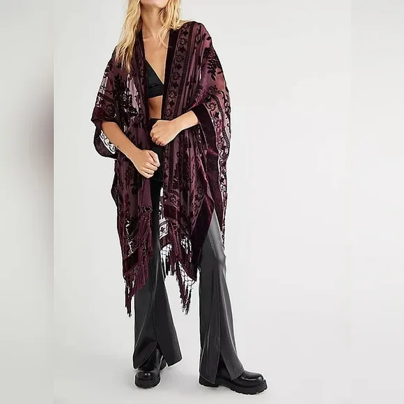 NEW Gorgeous Burn Out Velvet Tassel Trim Kimono Jacket Burgundy Red Wine Purple