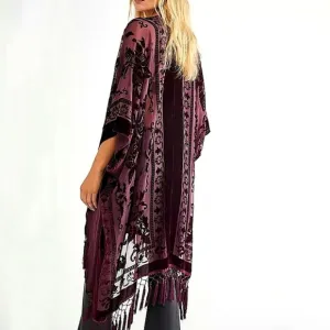 NEW Gorgeous Burn Out Velvet Tassel Trim Kimono Jacket Burgundy Red Wine Purple