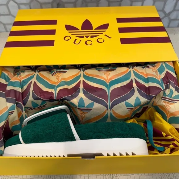 New Gucci x Adidas Women's GG Platform Sandal Green Color Cotton Sponge EU39