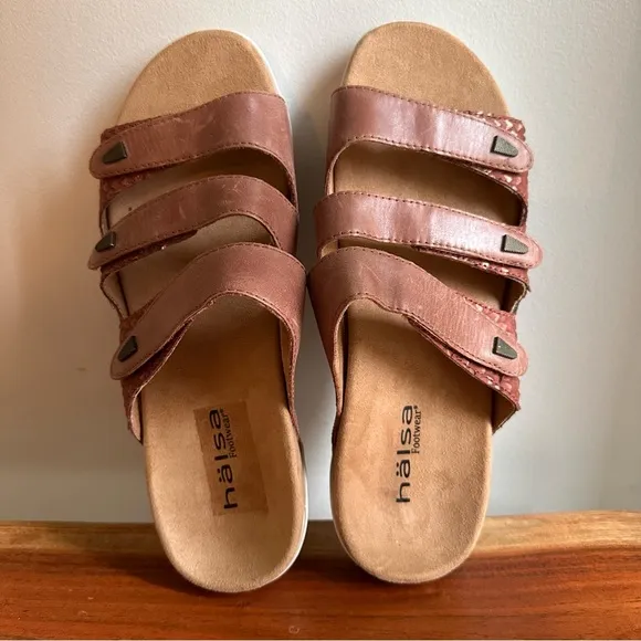 NEW Hälsa Brown Leather Three Strap Sandals Orthopedic Support Women’s 11 WIDE