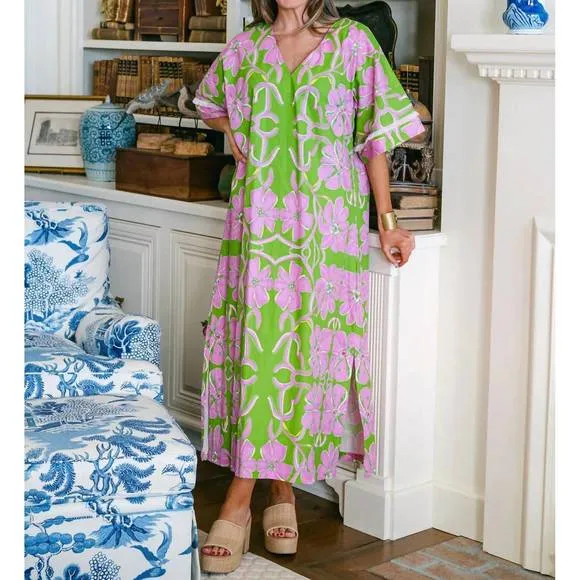 NEW HOUSE OF MBR palm house caftan dress in pink/green
