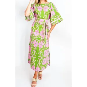 NEW HOUSE OF MBR palm house caftan dress in pink/green
