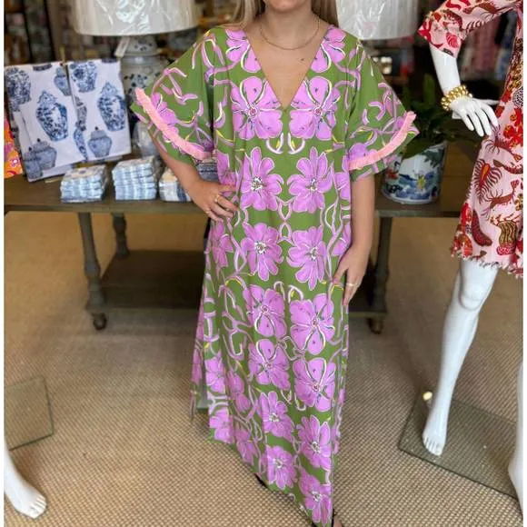 NEW HOUSE OF MBR palm house caftan dress in pink/green