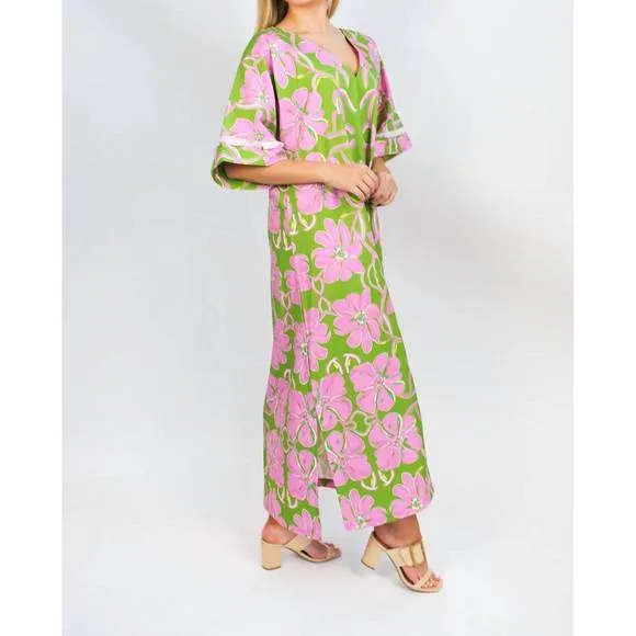 NEW HOUSE OF MBR palm house caftan dress in pink/green