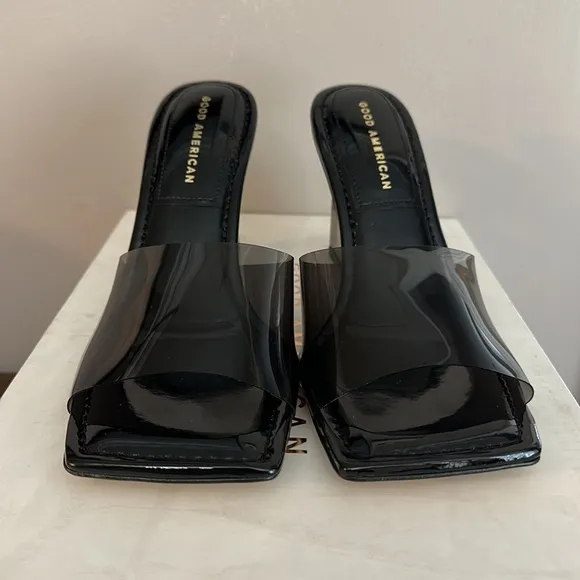 NEW IN BOX Good American Clear Black Wedge Mule Sandals