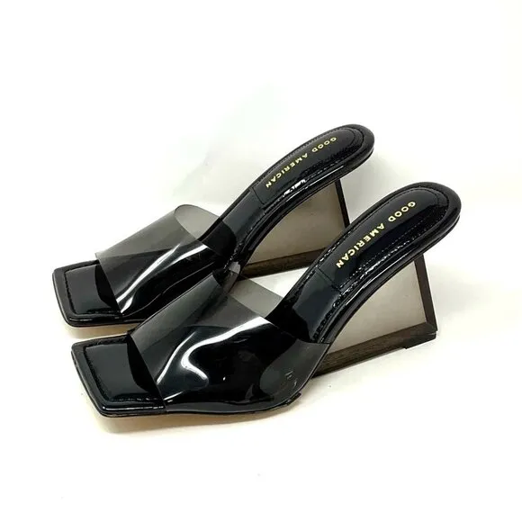 NEW IN BOX Good American Clear Black Wedge Mule Sandals