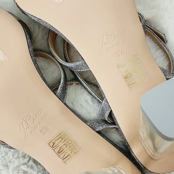 NEW J. Crew Strappy Lucite Square Toe Heel Sandals Silver Metallic