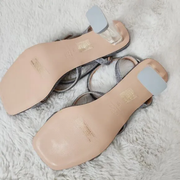 NEW J. Crew Strappy Lucite Square Toe Heel Sandals Silver Metallic