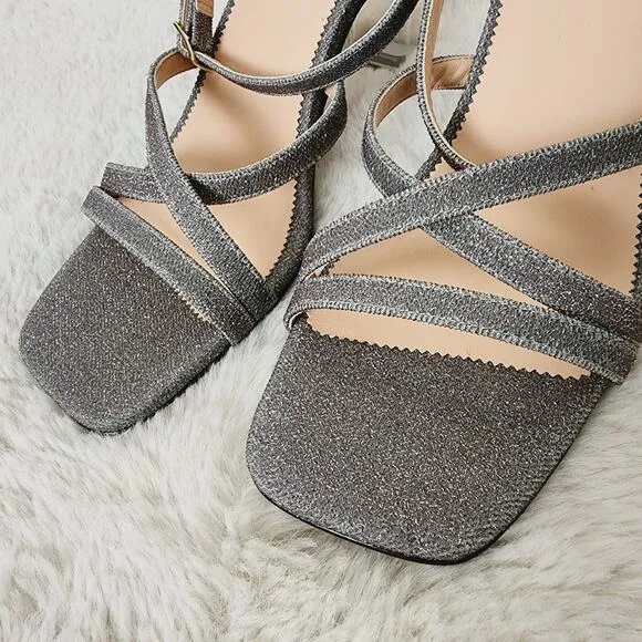 NEW J. Crew Strappy Lucite Square Toe Heel Sandals Silver Metallic