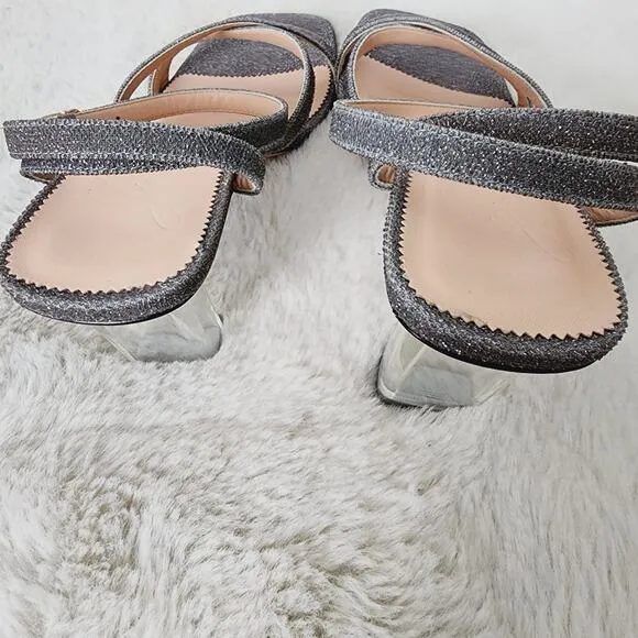 NEW J. Crew Strappy Lucite Square Toe Heel Sandals Silver Metallic
