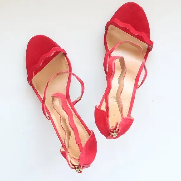 NEW J. Crew Suede Leather Scallop Ankle Strap Suede Leather Heels Dressy Sandals