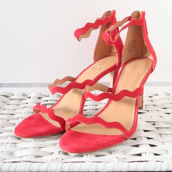 NEW J. Crew Suede Leather Scallop Ankle Strap Suede Leather Heels Dressy Sandals
