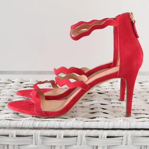 NEW J. Crew Suede Leather Scallop Ankle Strap Suede Leather Heels Dressy Sandals