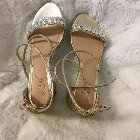 NEW Jewel Badgley Mischka Claudia Gold Glitter Evening Block Heel Sandal 8