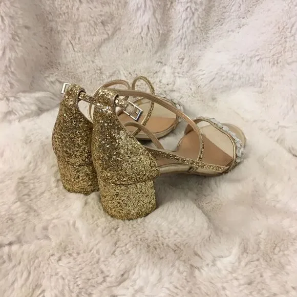 NEW Jewel Badgley Mischka Claudia Gold Glitter Evening Block Heel Sandal 8