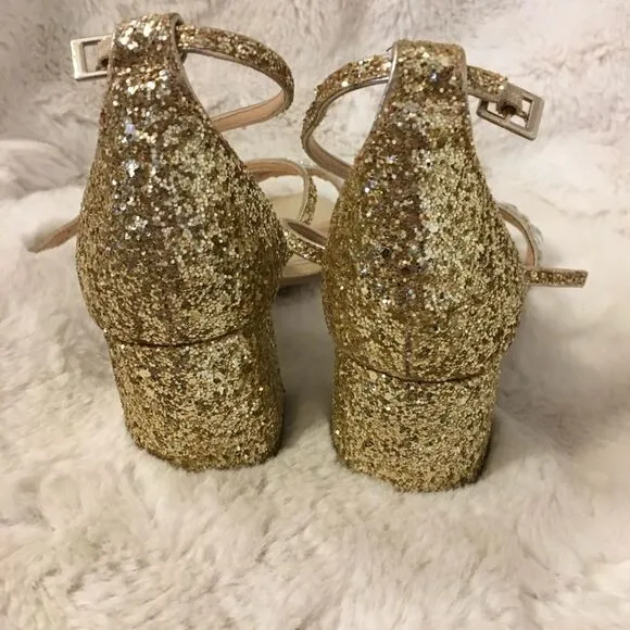 NEW Jewel Badgley Mischka Claudia Gold Glitter Evening Block Heel Sandal 8