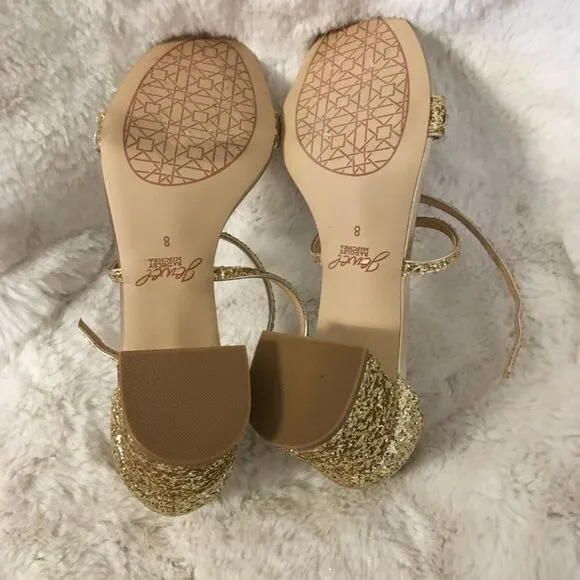 NEW Jewel Badgley Mischka Claudia Gold Glitter Evening Block Heel Sandal 8