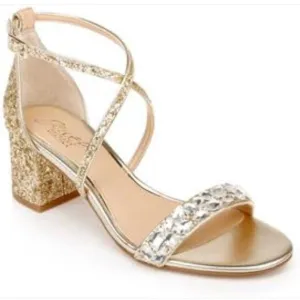 NEW Jewel Badgley Mischka Claudia Gold Glitter Evening Block Heel Sandal 8